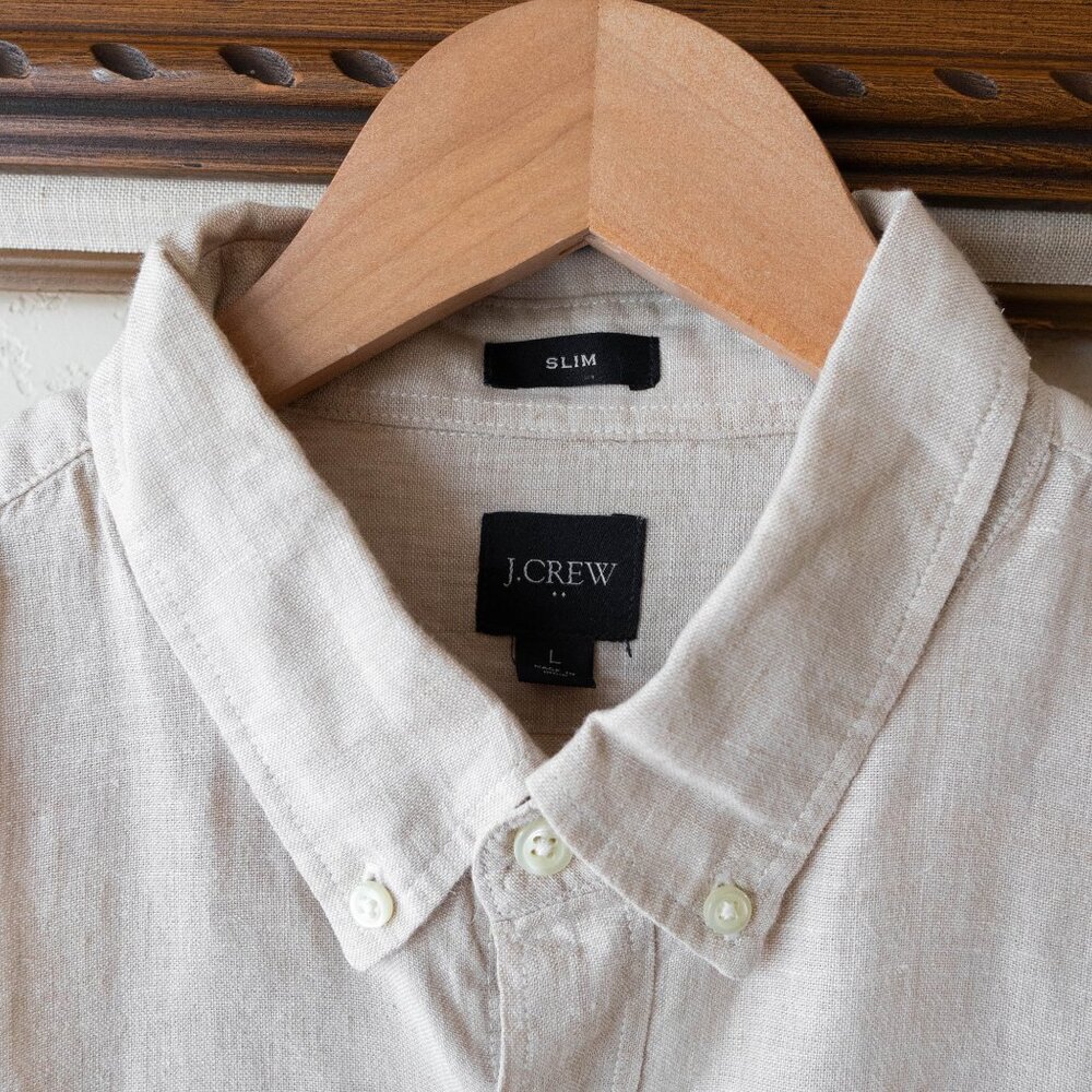 J. Crew Men’s Sz Large Beige Slim Fit Linen Blend Button-Down Long Sleeve Shirt - Picture 2 of 6